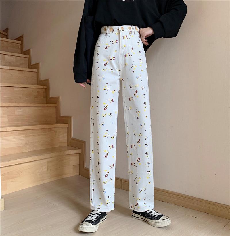 

White Harajuku High Waist Jeans Women Loose Korean Retro Graffiti Quality 100% Cotton Women' Jeans 2021, Rice white