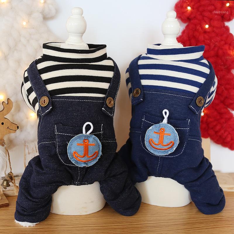 

Newest Style Dog Jumpsuits for Autumn and Winter Anchor Printed Denim Strap Four-legged Warm Cotton Padded Yorkie Pet Clothing1, Black