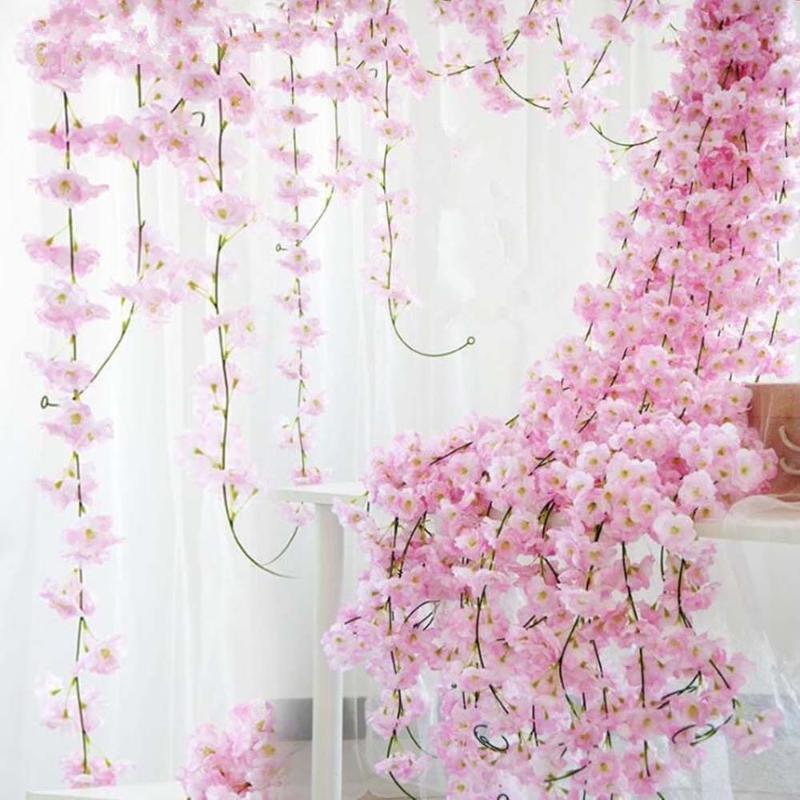 

1Pcs Blossom Vine Artificial Silk Sakura Cherry Rattan 2.2m 7.2ft Garland Wreath Lvy Home Party Layout Decoration, Beige