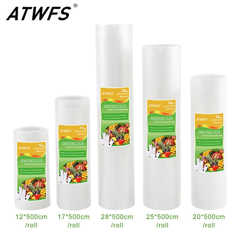 

ATWFS 5 Rolls/Lot Kitchen Vacuum Bag Storage Bags For Vacuum Sealer Fresh Long Keeping 12+17+20+25+28cm*500cm