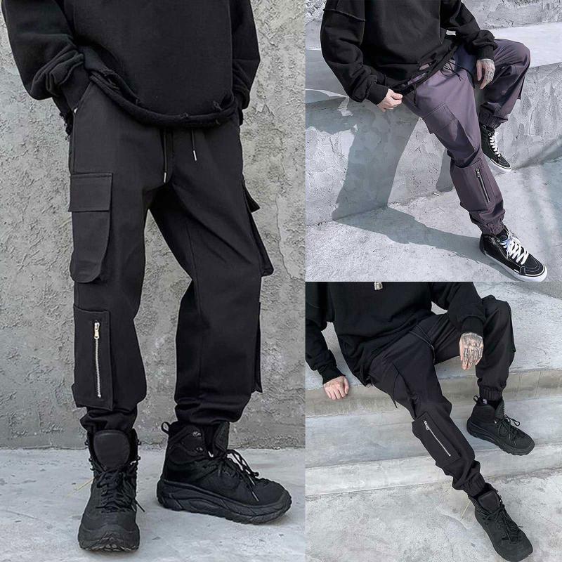 

Men Casual Fashion Cargo Pants Solid Color Joggers Harajuku Sweatpant Hip Hop Trousers Leisure Loose Trousers Streetwear, As shown