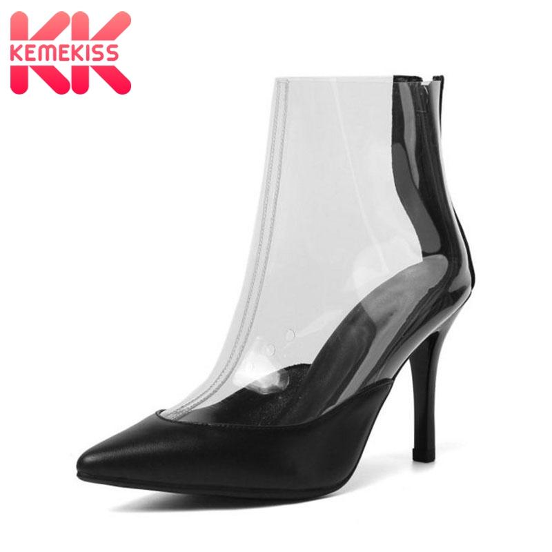 

KemeKiss Ankle Boots For Women Real Leather And Clear Tpu Fashion New Designer Shoes Women Winter Thin Heels Boots Size 33-41, Black