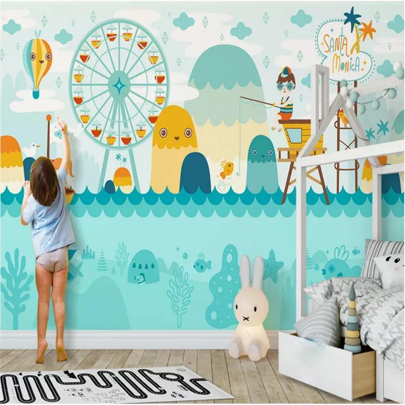 

Nordic Cartoon Watercolor Children's Room Water Park Wall Paper 3D Blue Mural Wallpaper for Kids Room Decor Papel De Parede 3D1, Canvas