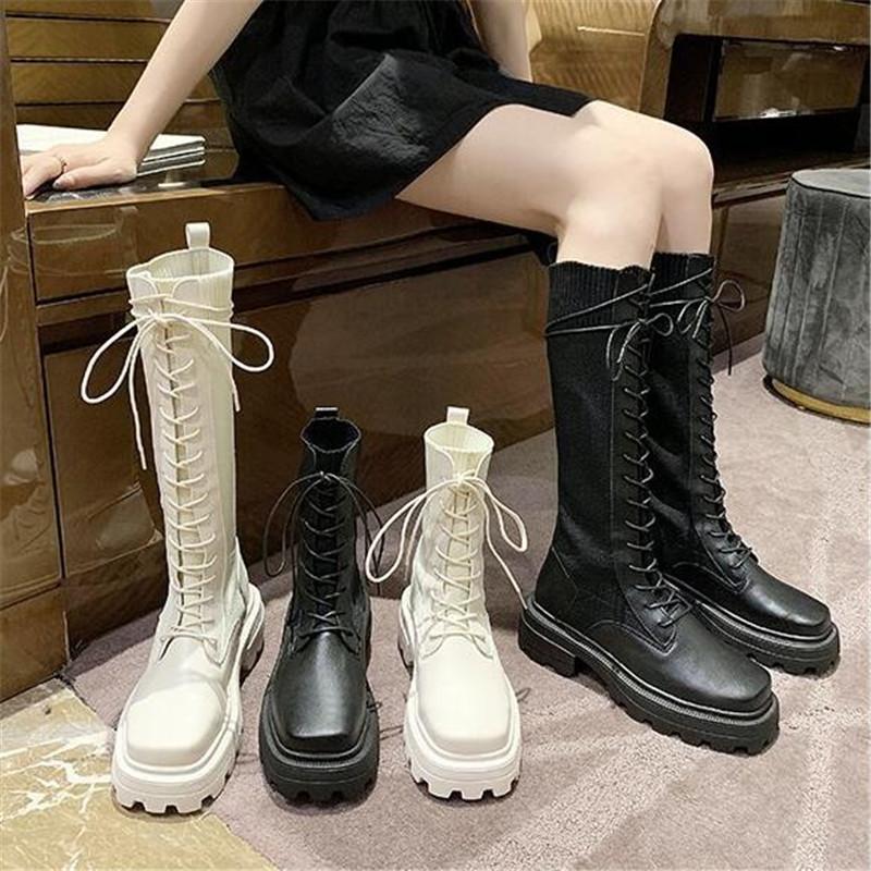 

Spring Autumn Women Wedges Lace Up Knitting Ankle Boots Platform Punk Boot Square Toe Thick High Heels Motorcycle Boots, Black short
