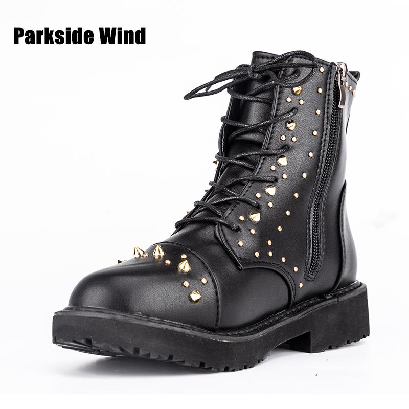 

Parkside Wind Women Boots Flat Shoes Metal Rivets Mid Ankle Boots Female Zipper Lace Up Shoes Fashion 2020 Autumn Winter, Red