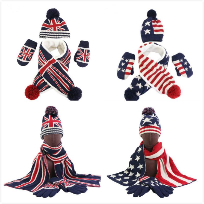 

Adult Kids stars and stripes united states american flag / UK British Flag England Union Jack Knitted Hat Scarf Gloves Set
