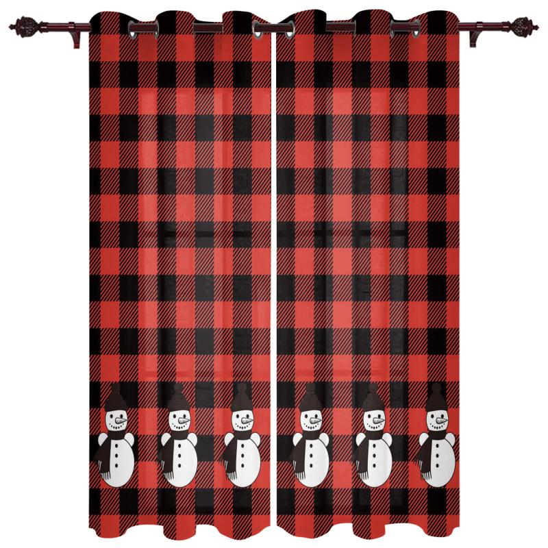 

Christmas Red Plaid Snowman Window Curtains Kitchen Bedroom Fabric Drapes Curtain Home Draperies Curtains for Living Room, As pic