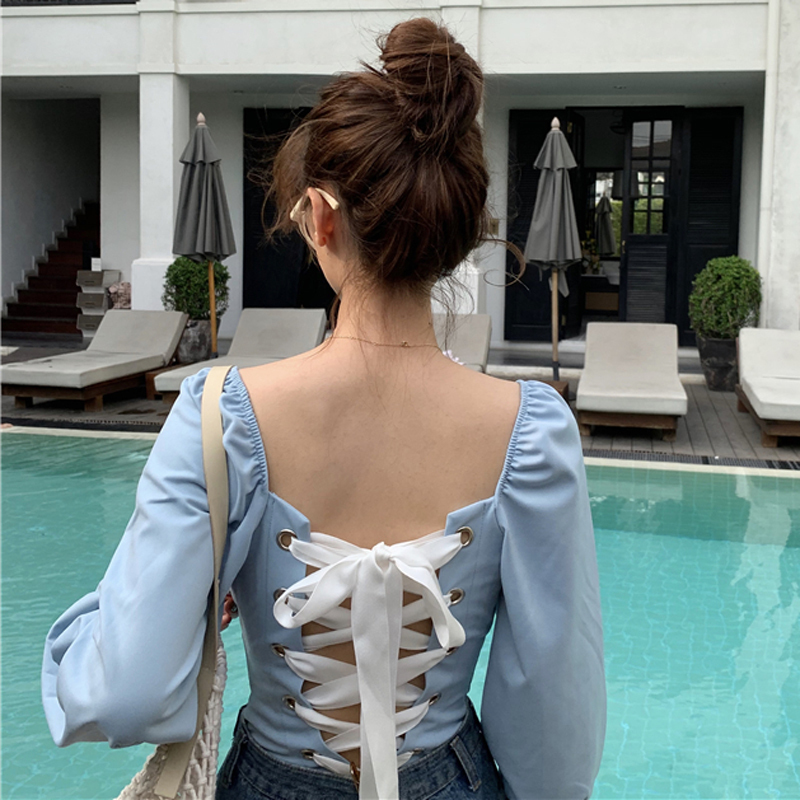 

Bohemian Ins Backless Autumn Sexy Slim Long Sleeve Strap Women Casual Fashion Tops Korean Solid Color Vintage Square T-Shirt Y200828