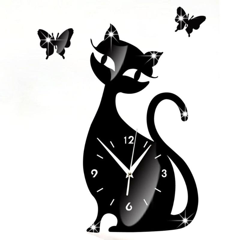 

2020 New Arrival 1Pcs 35x32cm Cute Cat Mirror Black Wall Clock Modern Design Home Decor Watch Wall Sticker Home Decor D30JL27