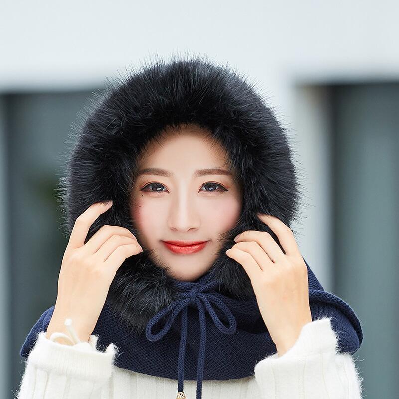 

Knitted Hat Scarf Set Women Winter Warm Wind-proof Hooded Collar Scarf Cashmere Elastic Cap Female Outdoor Sport Wool Plush Hats, Black