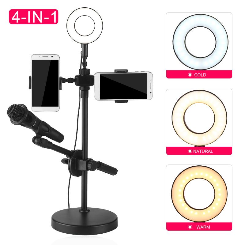 

9cm Selfie Ring Light with Phone Holder Microphone Stand USB 3 Light Modes 9 Brightness Level for Tik tok Video Live Stream
