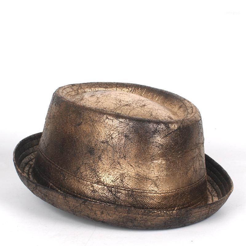

Women Men Leather Steampunk Hat Fedora Hat Gold Pork Pie Gear Glasses Flat Top Bowler Gambler Cosplay1, Gold1