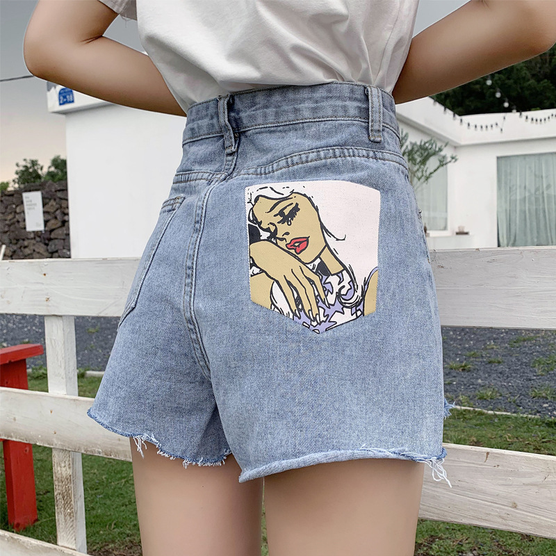 

2021 New female summer printed denim classic retro-waisted high-blue waistband women's legs will see light blue shorts jeans 4G6T, Picture color