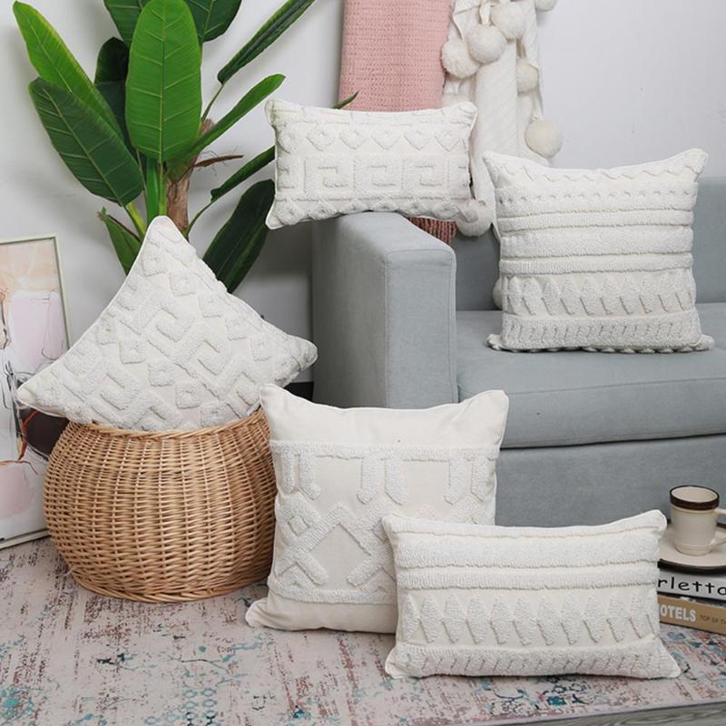 

Beige Canvas with White Embroidery Cushion Cover 45x45cm/30x50cm Handmade Geometric Bed Room Sofa Decoration Pillow Cover, 30x50cm inner