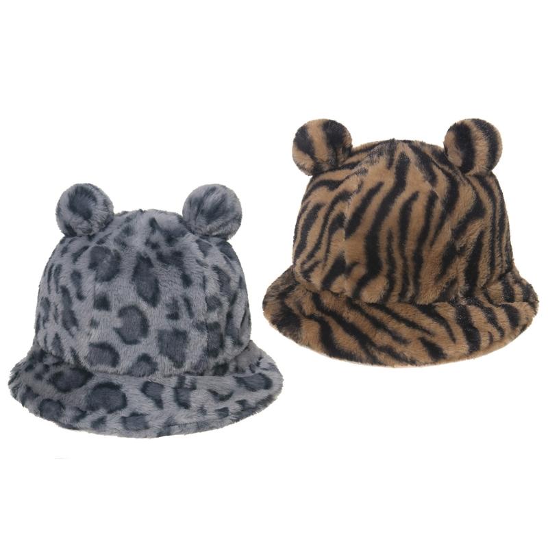 

Women Winter Fuzzy Plush Bucket Hat Bear Ears Leopard Zebra Cow Fisherman Cap