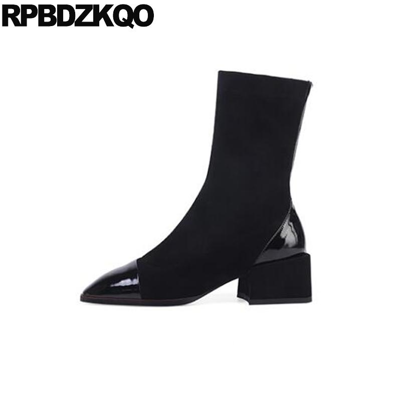 

high heel women ankle boots medium black patent leather chunky suede square toe thick designer short shoes fur winter slip on