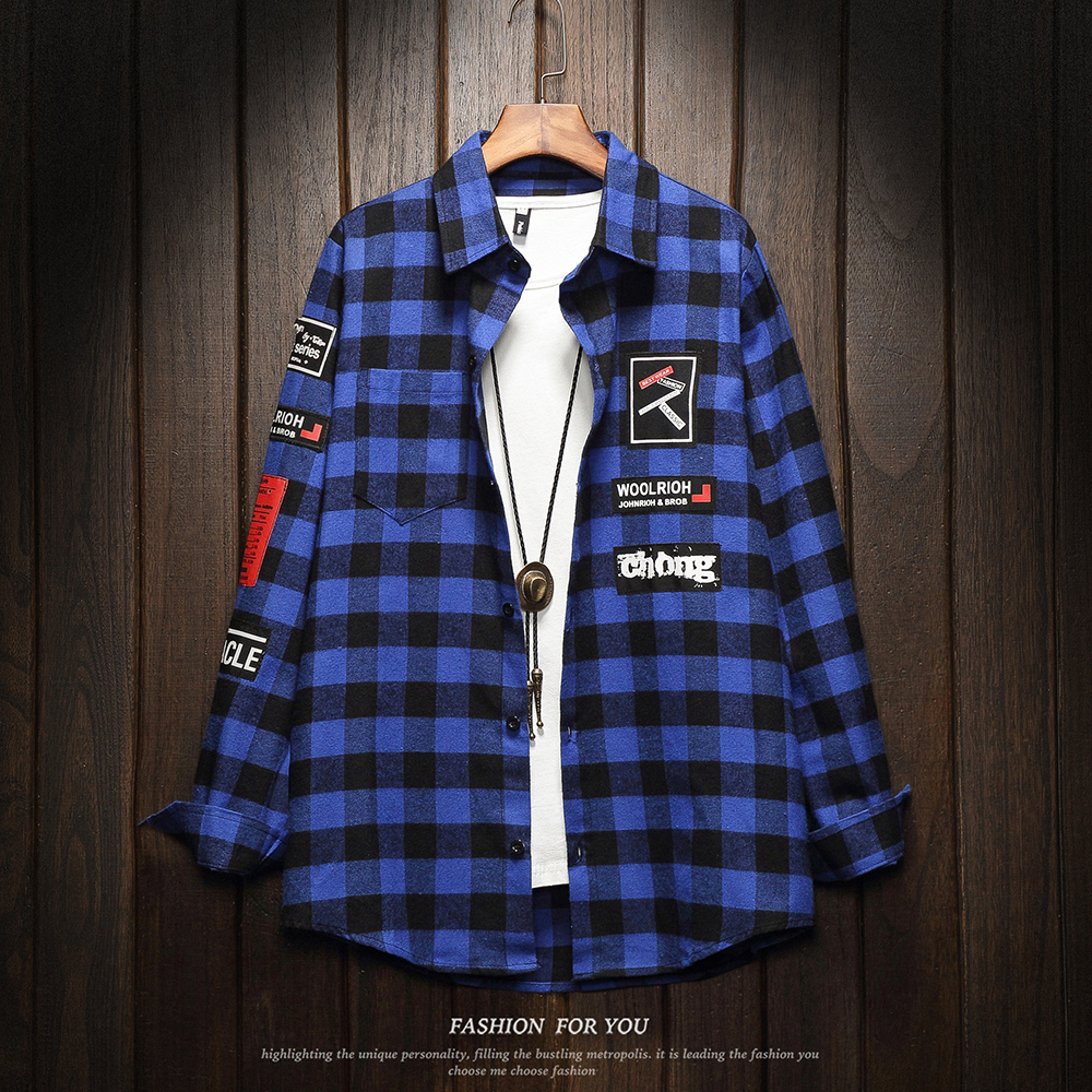 

2021 New Autumn Plaid Long Sleeve Plus Size Mens Shirts Japanese Streetwear Hip Hop Korean Casual Shirt Men Clothes Ofdl, Black