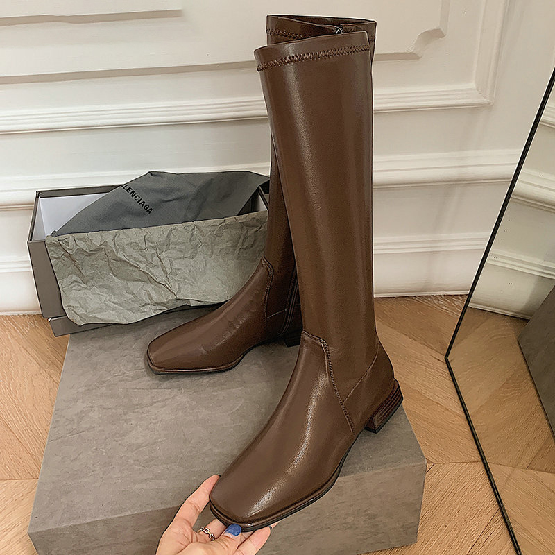 

Was 2021 high on the knee, boots in heels, women's shoes retro-toe, square foot, long plutonium leather boots, ladies'bombs, Black-pu.