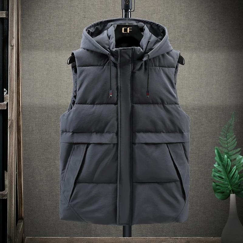 

Mens Jacket Sleeveless Vest Winter Spring Warm Male Cotton-Padded Vest Coats Men Hooded Thicken Waistcoats Solid Clothing,618, Black