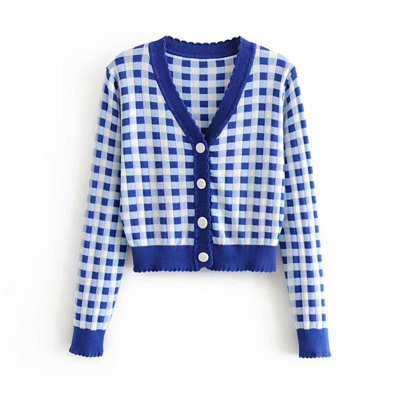 

Cardigan sweater jacket fashion youth sky blue plaid women' cardigan jacket autumn street 2020 new British sweater
