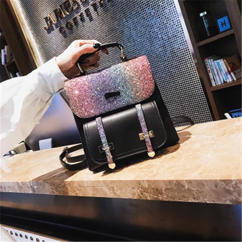 

Mochila Feminina Sequin Backpack Women Vintage Pu Leather Bags Mochila Escolar Feminina Mochilas Mujer 2020 Patchwork Fashion, Black