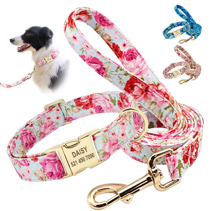 

Personalized Printed Dog Collar Leash Set Customized Nylon Pet Collar Leash Free Engraved Nameplate For Small Medium La sqcmXd