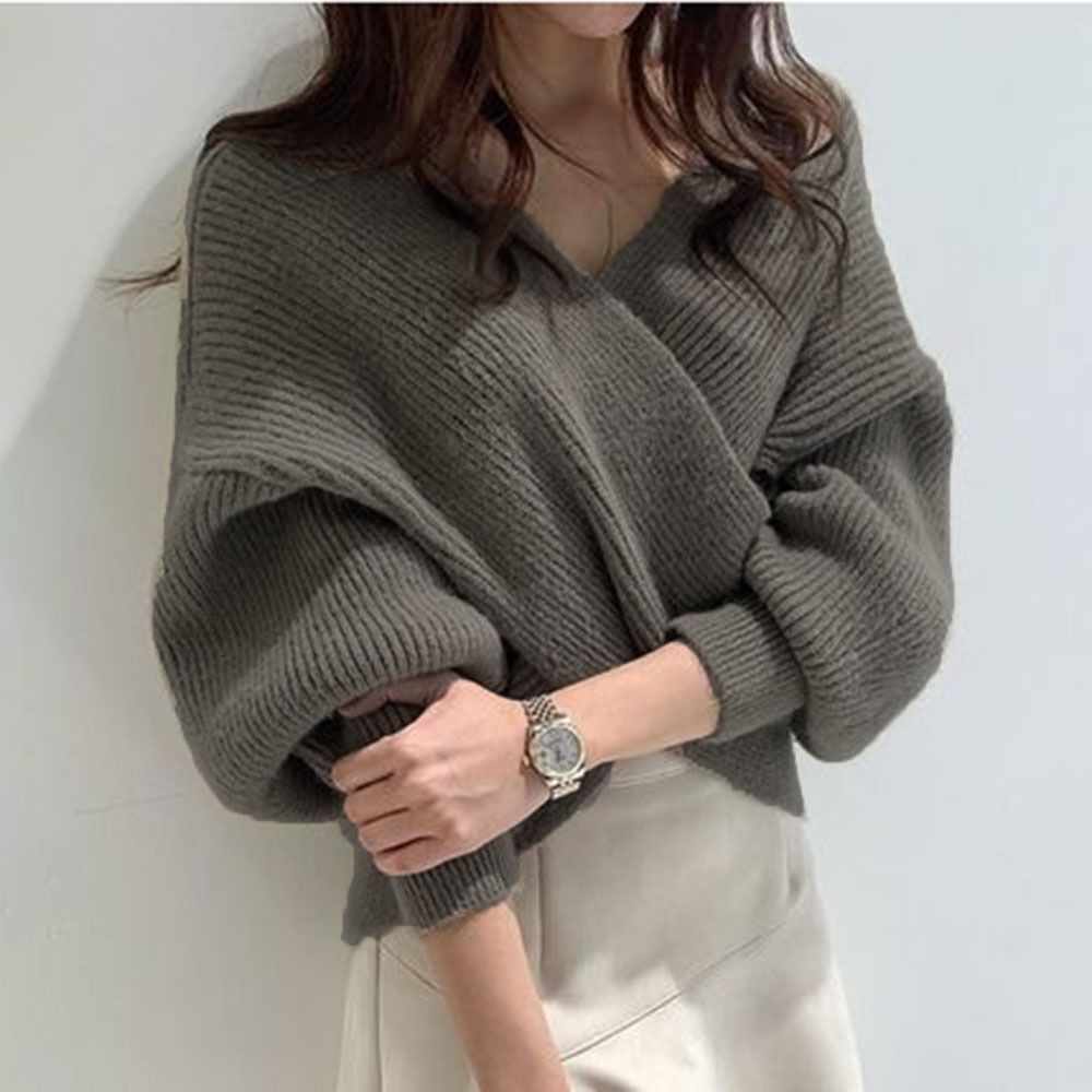 

2021 New v Neck Twisted Sweater Women Korean Elegant Ol Chic Knitted Pullovers Tops Long Sleeve Loose Jumper Pull Femm GJ5C, Blue