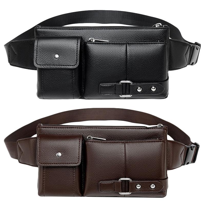 

Multi-Function Men Waist Bag Many Departments Male Waist Pack Pouch Soft Leather Fanny Pack Man Belt Bag Chest Trumpet, Black