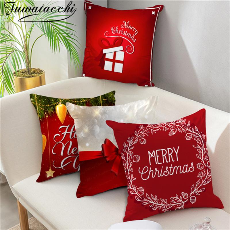 

Fuwatacchi Merry Christmas Cushion Cover Red New Year Gift Pillows Cover Candles Printed Home Sofa Decorative Throw Pillowcase, Pc12778