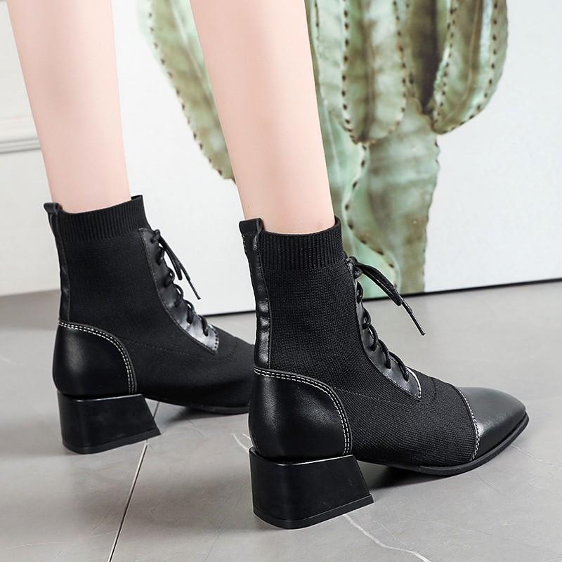 

2020 Autumn new mid-tube boots thick heel lace up large size boots women's shoes black women