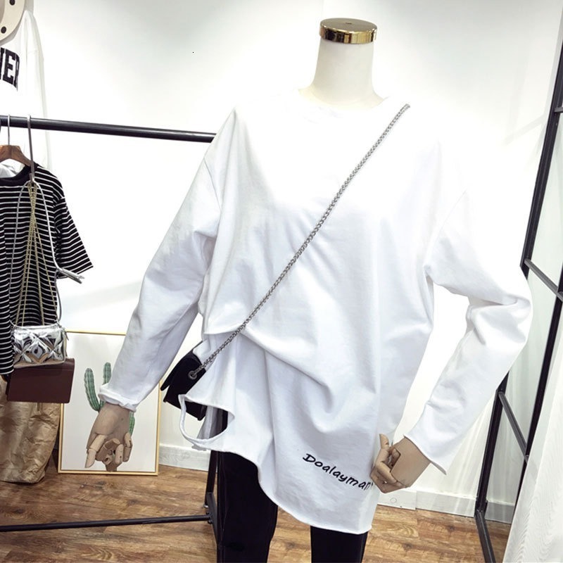 

2021 New T-shirt the-neck cotton personality simple foreign style hole hem embroidered letter big white color sleeve solid 3828, Embroidery cave