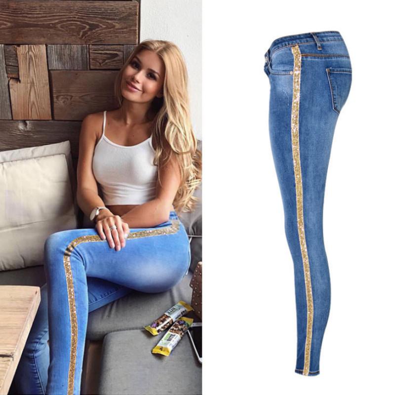 

Low Waist Fashion Side Stripe Skinny Jeans Women Slim Embroidered Gold Sequin Vaqueros Mujer High Street Push Up Calca Denim, Blue