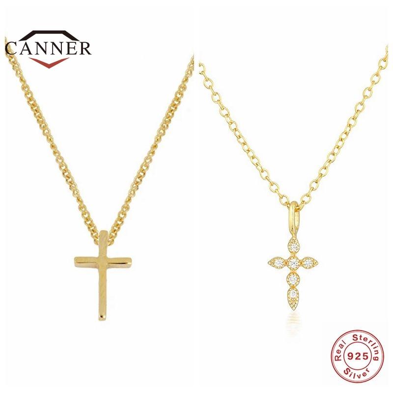 

CANNER Ins Style Fashion Simple Cross Real 925 Sterling Silver Necklace for Women Choker Necklaces Chain Fine Jewelry Collares