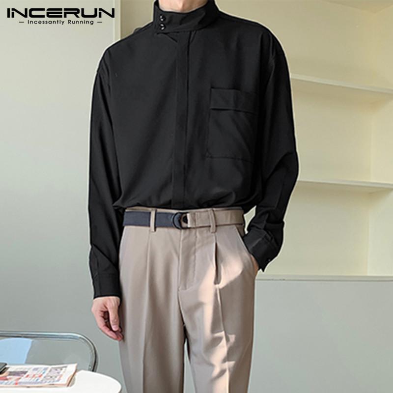 

Long Sleeve Solid Color Blouse Mens Fashion Stand Collar Shirts Male Casual Pockets Shirts Korean Style Loose Camisa INCERUN 5XL, Black