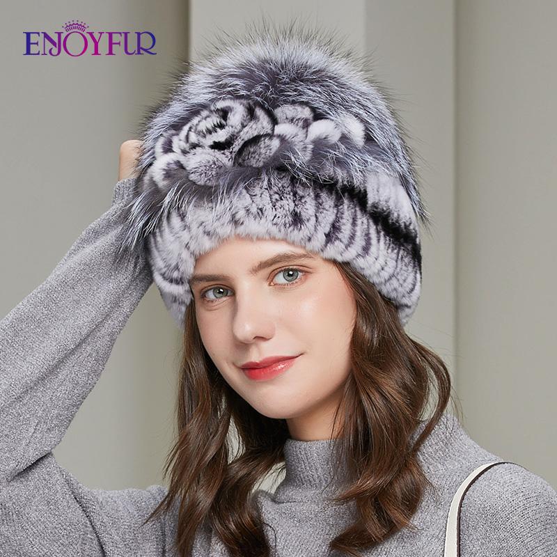 

ENJOYFUR Natural Angora Hats Winter Women Hand-sewn Fashion Floral Fur Knit Bonnets Warm Windproof Female Earflap Beanies, 103