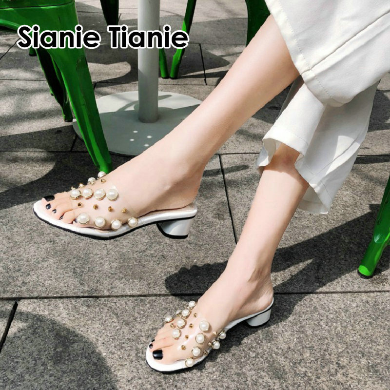 

Top 2020 summer clear peep for woman glides white ladies mulatto slippers with pearls more size 44 45
