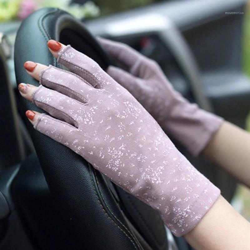

Female Summer Sunscreen Fingerless Gloves Ladies Elegant Floral Dot Printed Elastic Short Ultra-thin Breathable Driving Gloves1
