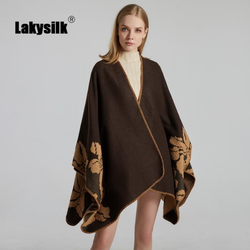 

2021 New Fashion Capes Female Vintage Floral Jacquard Double-sided Imitation Cashmere Ponchos Winter Warm Thicken Big