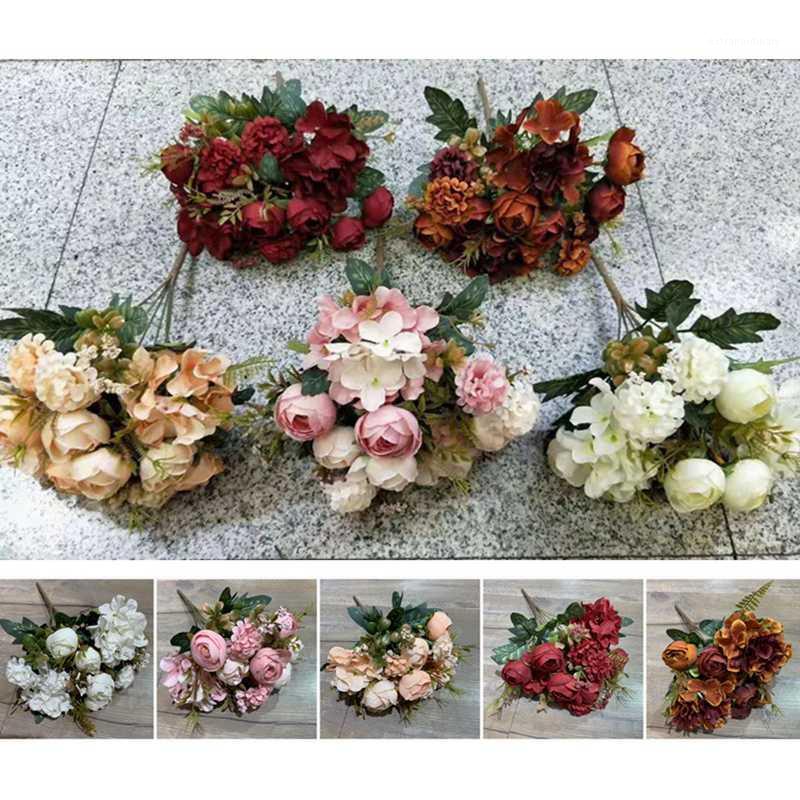 

Autumn Fake Rose Peony with Hydrangea Silk Flowers 12 heads Artificial Plastic Flower Bouquet for Wedding Home Decoration1, White