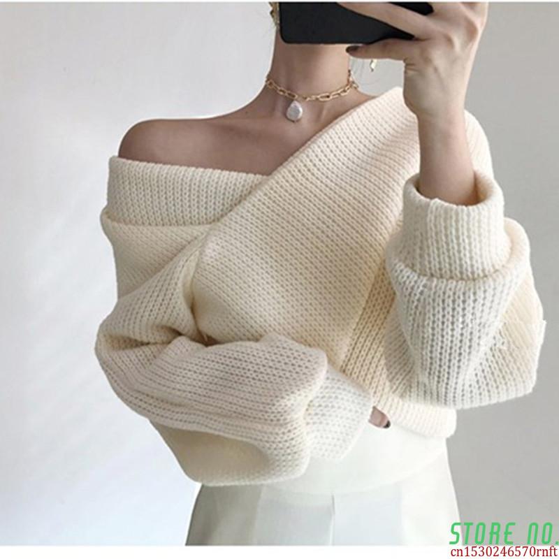 

2021 Sexy Crop Tops Loose Sweater Woman Long Sleeve V Neck Solid Women Sweaters And Pullovers Knitted Jumpers Female, Blue