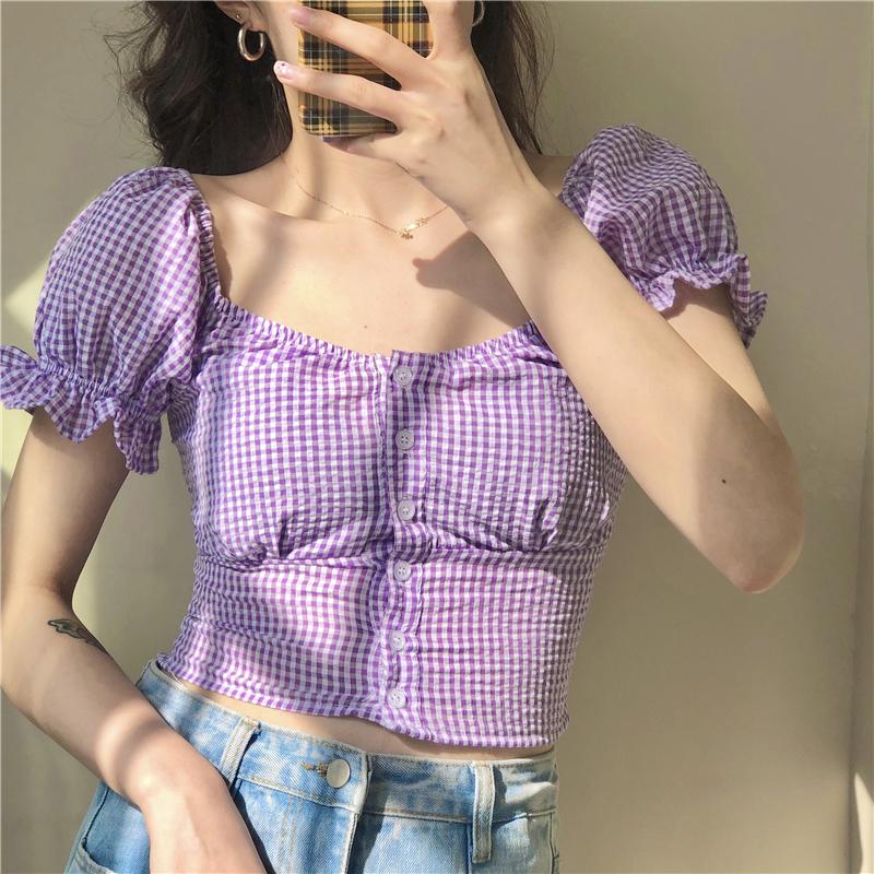 

Summer Korean Slim Vintage Women Blouses 2020 Square Collar Female Shirts Preppy Style Mujer Blusas Office Lady Plaid Short, Green