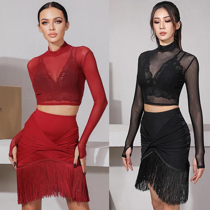 

Latin Dance Dress Adults Tango Salsa Cha Cha Rumba Samba Practice Clothing Women Sexy Black Mesh Tops Fringe Skirt Red DNV12133, Black skirt