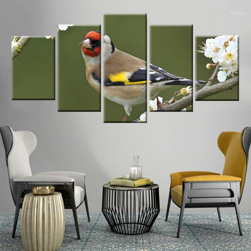 

Nordic poster style HD canvas art wall living room bedroom home decoration painting 5 panel goldfinch and flower animal painting1