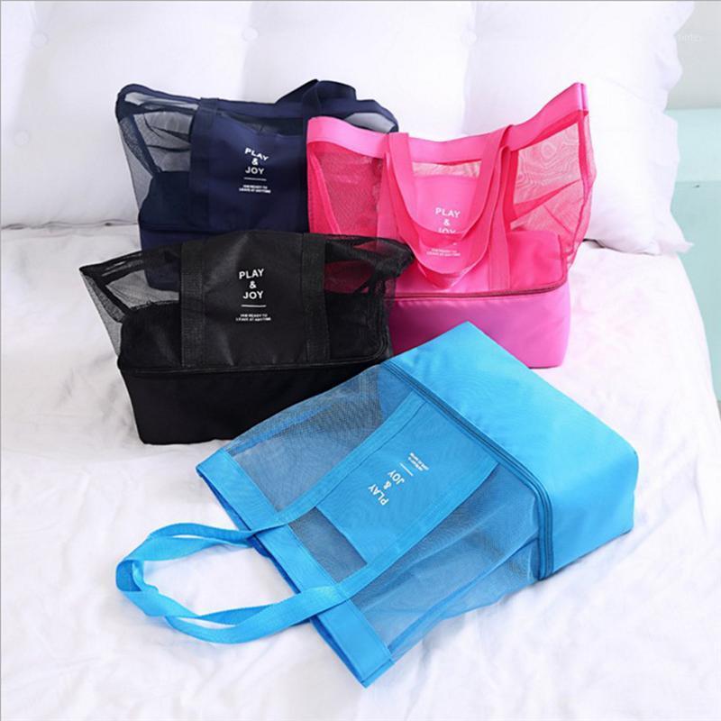 

4 Colors Women Mesh Beach Bag Portable Handbags With Double Layer Picnic Cooler Tote Bag For Home Travel Picnic Storage A351