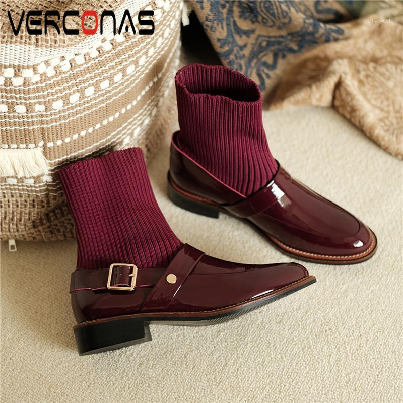 

VERCONAS New 2020 Woman Ankle Boots Knitting Socks Boots Genuine Leather Fashion Buckle High Quality Low Heels Woman1, Black
