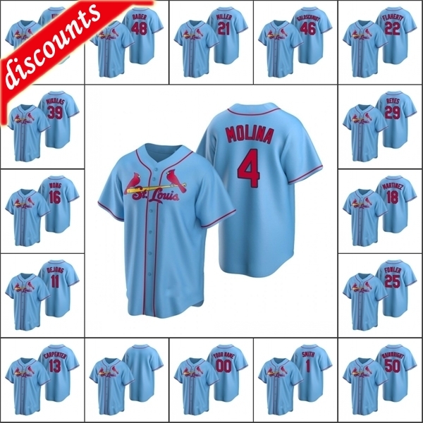 

St. Louis\rCardinals Men #22 Jack Flaherty 1 Ozzie Smith 4 Yadier Molina Custom Women Youth Light Blue\rReplica\rAlternate Jersey, Blue;black