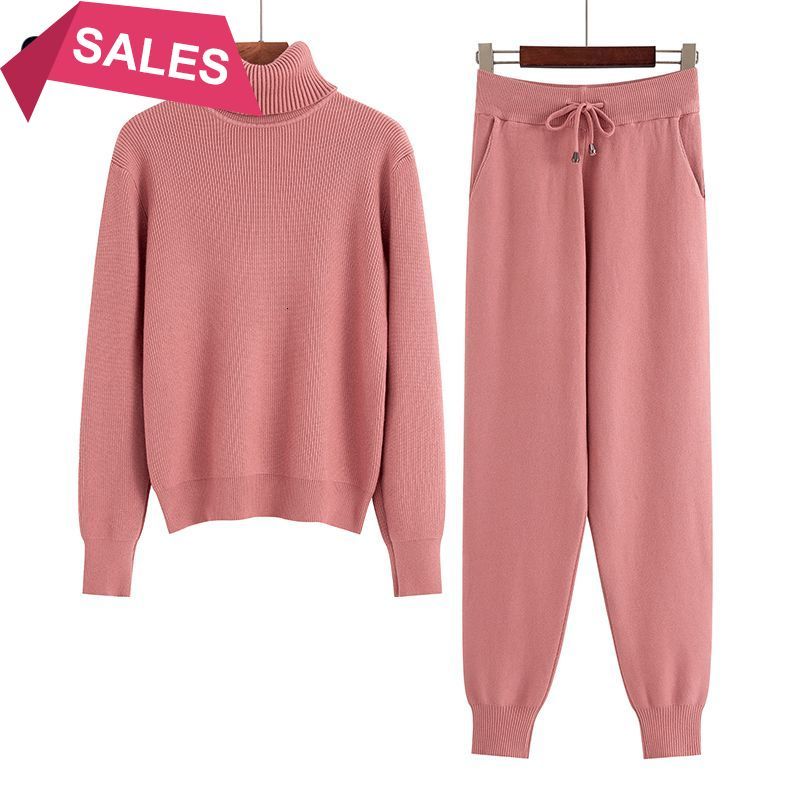 

2021 New Two Piece Set Knit Sport Suits Thick Warm Turtleneck Women Sweater + Drawstring Harem Pants Winter Jogging Outfits Ndh1, Grey blue y829