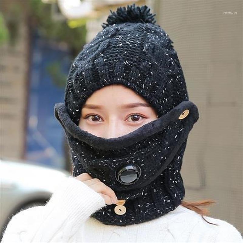 

2020 Winter New Women's Anti-Haze Hat Twisted Color Bean Puzzle Hat Skull Women's Riding Bib Knitted Set Wholesale1, White