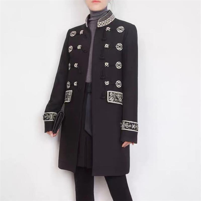

Luxury Army long Coat British Style Designer Work Business Blends Outwear Winter embroidery Women Coats size  M L1, Black