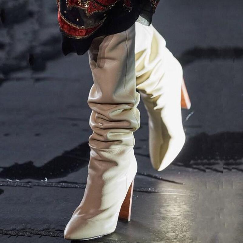 

Hot Selling Pleated Chunky Heels Boots Pointed Toe Stretch Mid-calf Winter Tall Boots High Quality Dress Shoes Party Big Size 10, Beige